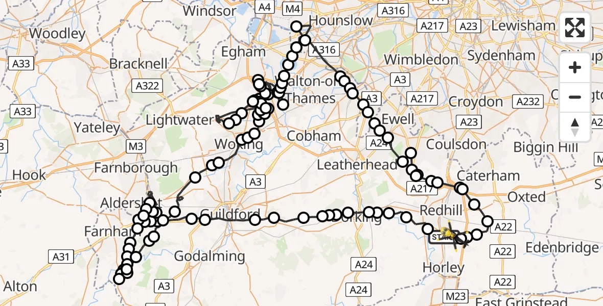 Flight path map showing Police Helicopter route from Salfords to Reigate and Banstead