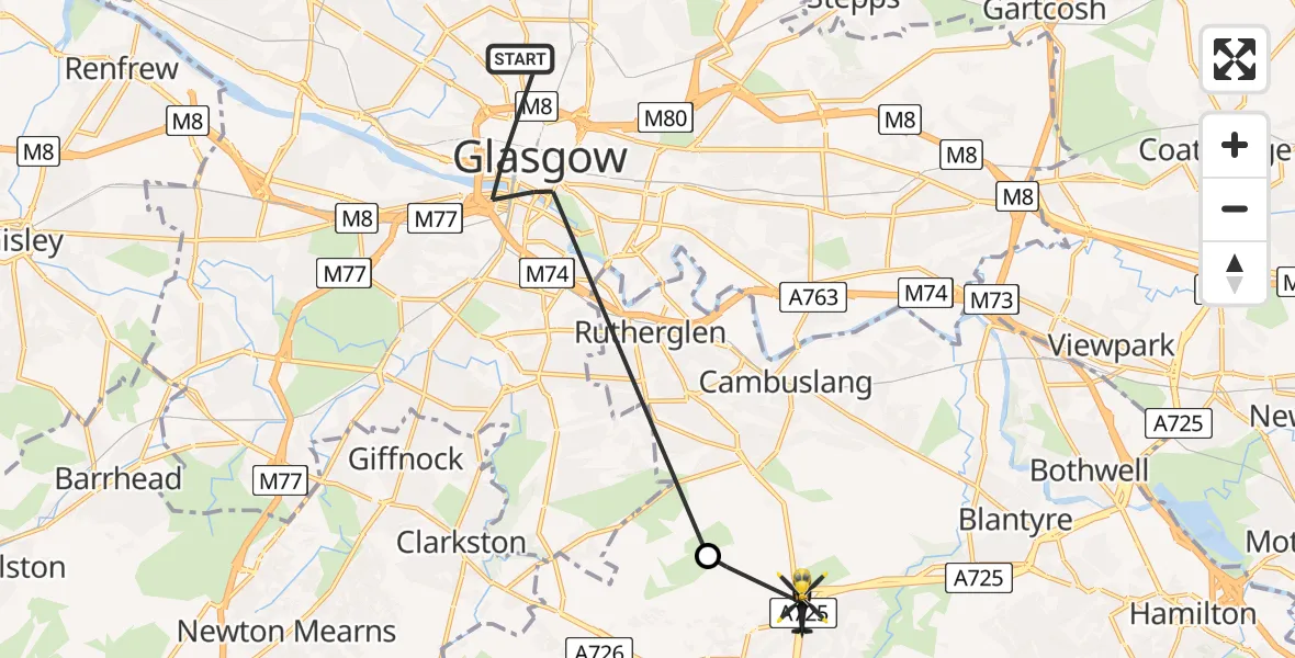 Flight path map showing Police Helicopter route from Glasgow to Nerston Village