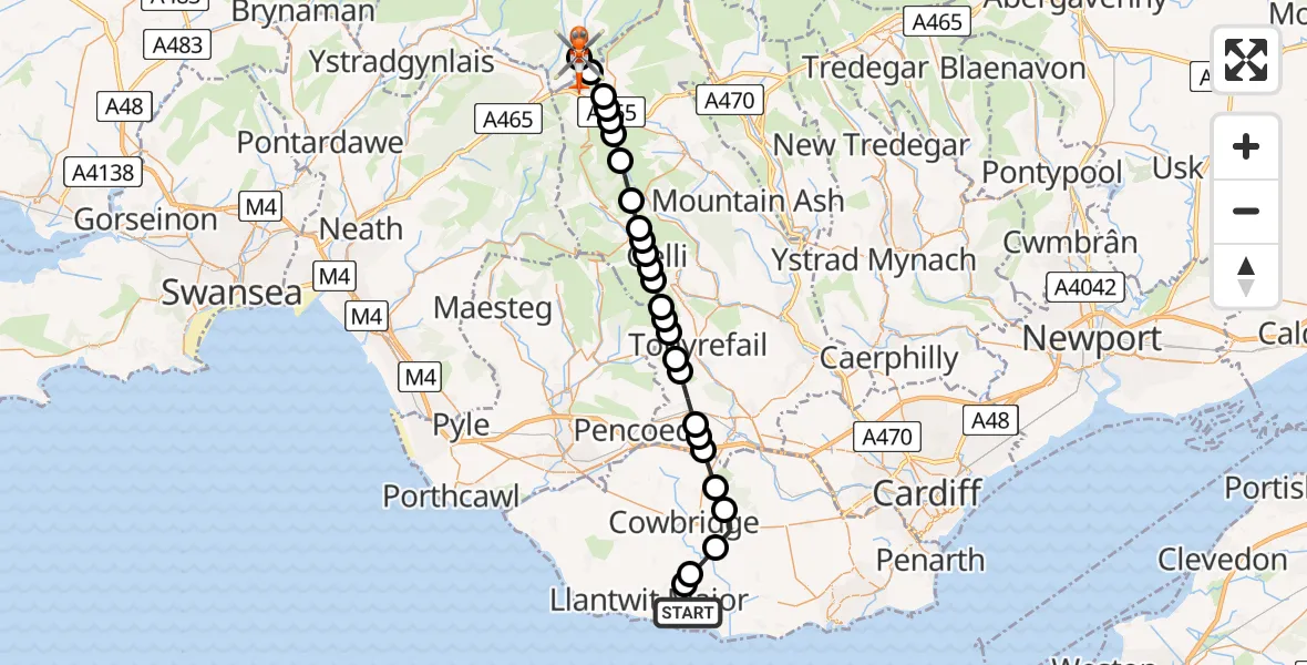 Flight path map showing Coastguard Helicopter route from MOD St Athan to Four Falls Trail