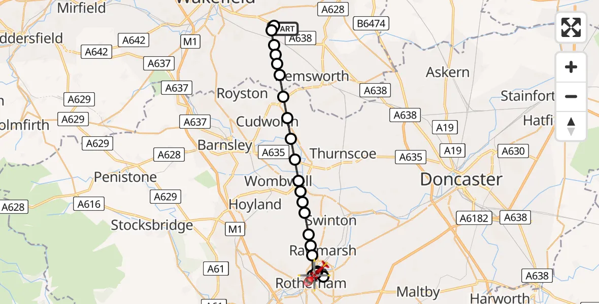 Flight path map showing Air Ambulance Helicopter route from YAA Nostell Helicopter Port to Rotherham