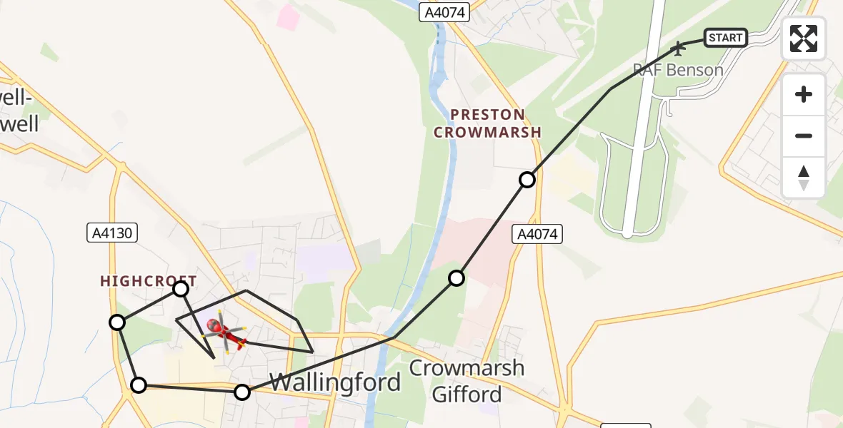 Flight path map showing Air Ambulance Helicopter route from RAF Benson to Crowmarsh Gifford