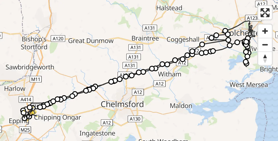 Flight path map showing Police Helicopter route from North Weald Bassett to North Weald Bassett