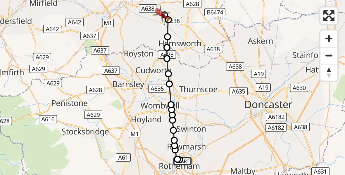 Flight path map showing Air Ambulance Helicopter route from Rawmarsh to YAA Nostell Helicopter Port