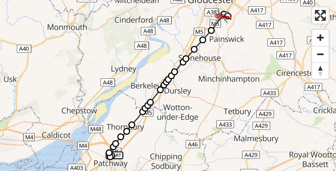 Flight path map showing Air Ambulance Helicopter route from Almondsbury Helicopter Base to Stroud