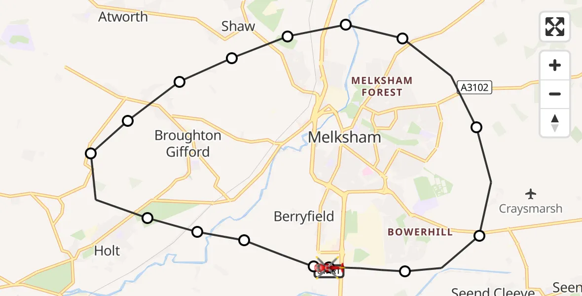 Flight path map showing Air Ambulance Helicopter route from Wiltshire Air Ambulance to Melksham