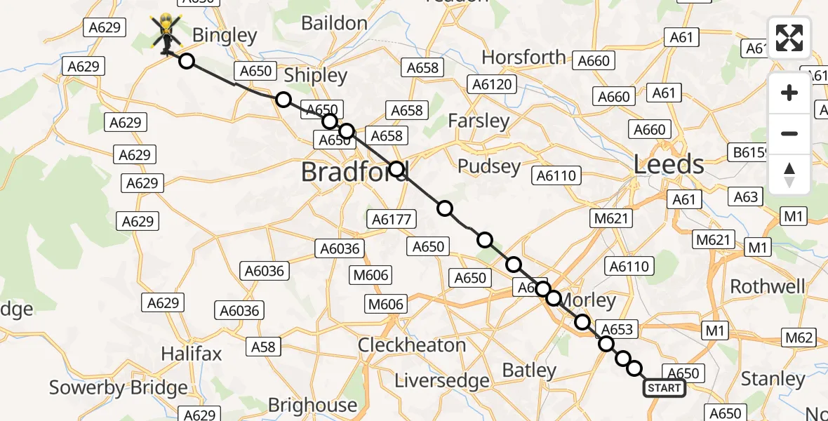 Flight path map showing Police Helicopter route from East Ardsley to Harden