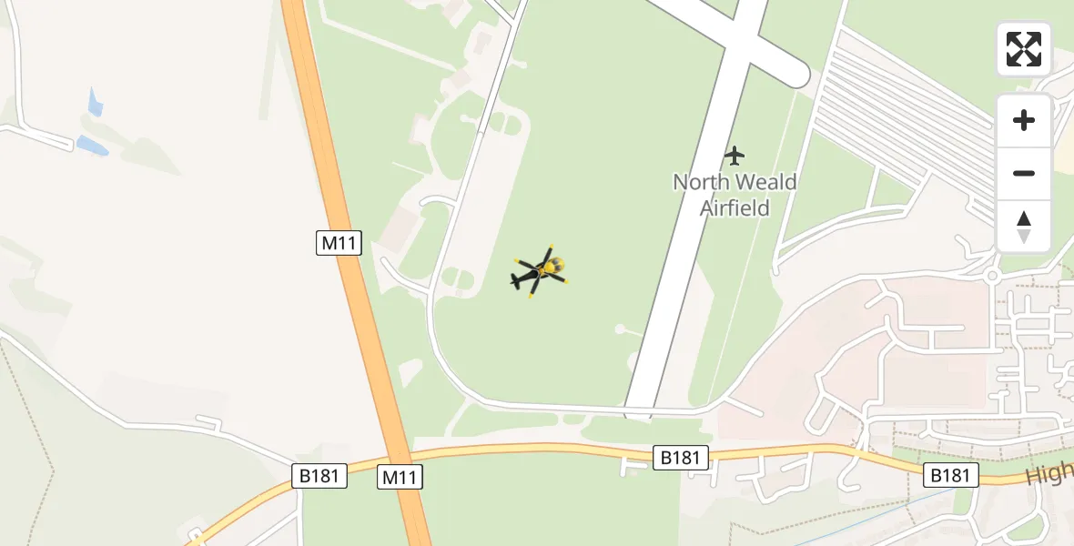 Flight path map showing Police Helicopter route from North Weald Airfield to North Weald Airfield