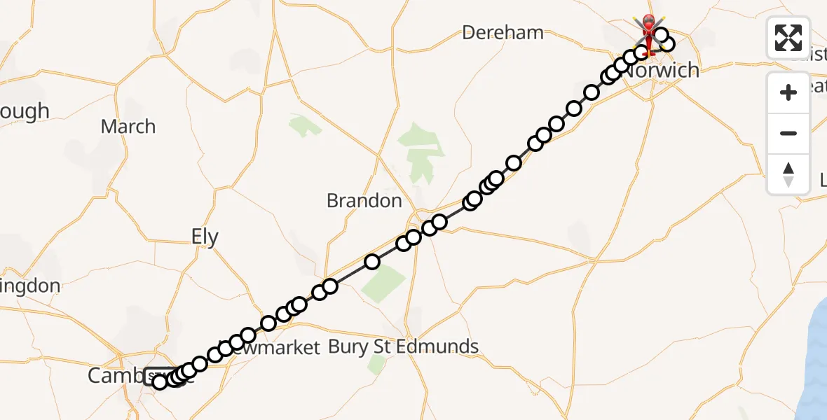 Flight path map showing Air Ambulance Helicopter route from Cambridge City Airport to Norwich Airport