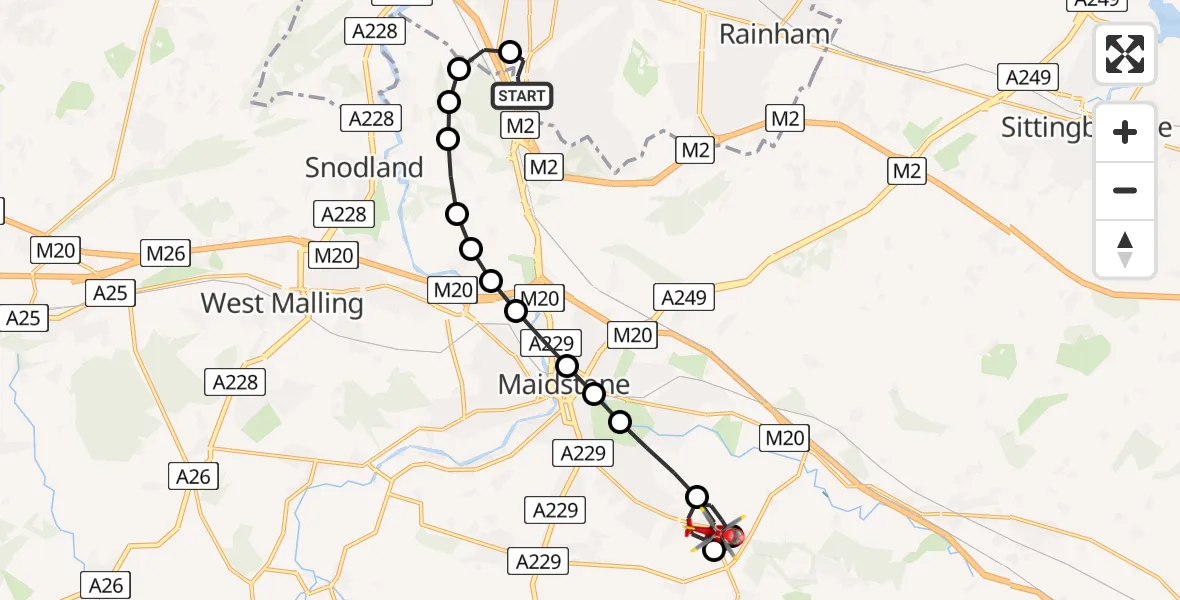Flight path map showing Air Ambulance Helicopter route from Rochester Airport to Langley