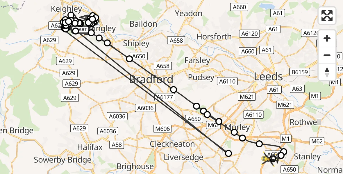 Routekaart van de vlucht: Police Helicopter to East Ardsley, Stoney Lane