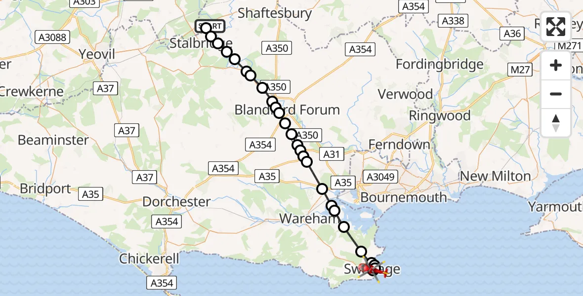 Flight path map showing Air Ambulance Helicopter route from Henstridge Airfield to Durlston