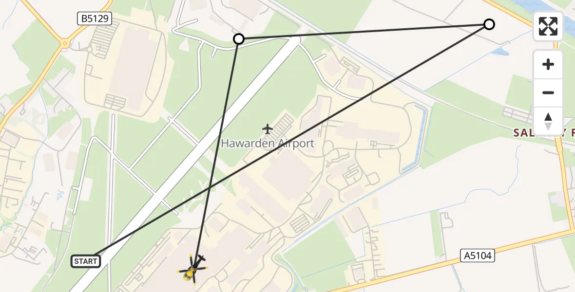 Flight path map showing Police Helicopter route from Hawarden Airport to Hawarden Airport