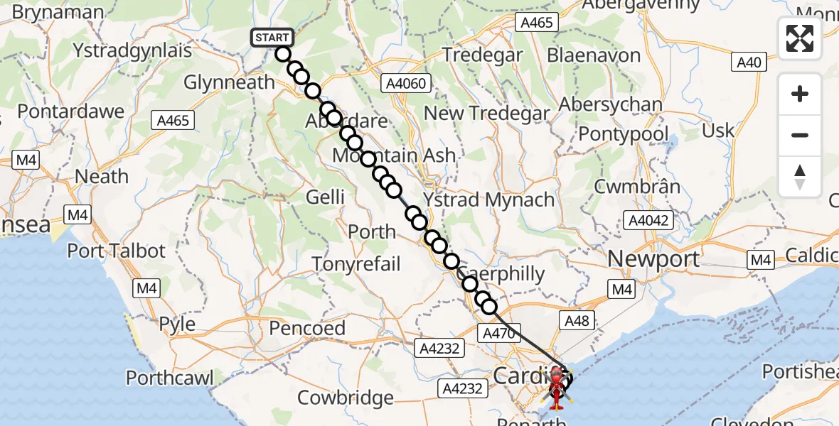 Flight path map showing Air Ambulance Helicopter route from Four Falls Trail to Cardiff Heliport