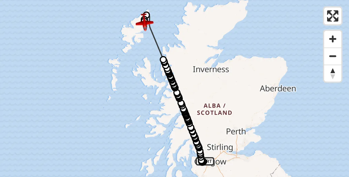 Flight path map showing Air Ambulance Aircraft route from Glasgow Airport to Airighean Druim Niavaig