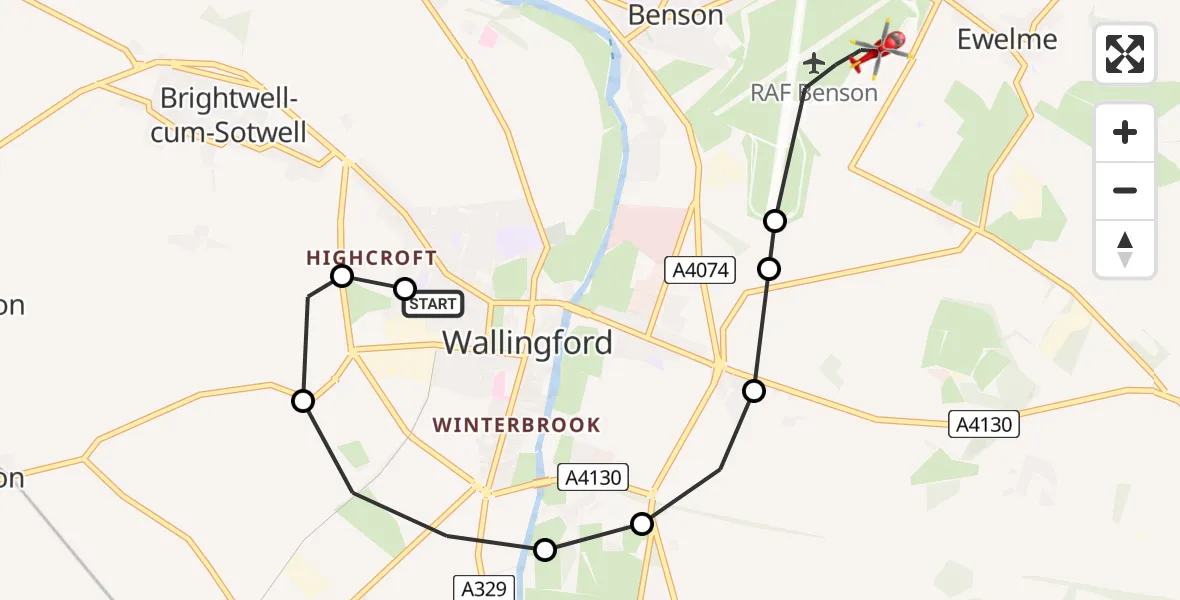 Flight path map showing Air Ambulance Helicopter route from Wallingford to RAF Benson