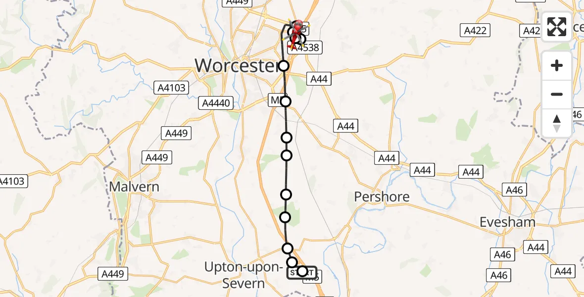 Routekaart van de vlucht: Air Ambulance Helicopter to Tibberton, Warndon Lane