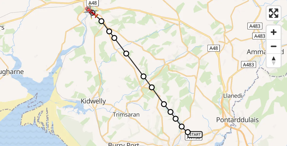 Routekaart van de vlucht: Air Ambulance Helicopter to Carmarthen, A484