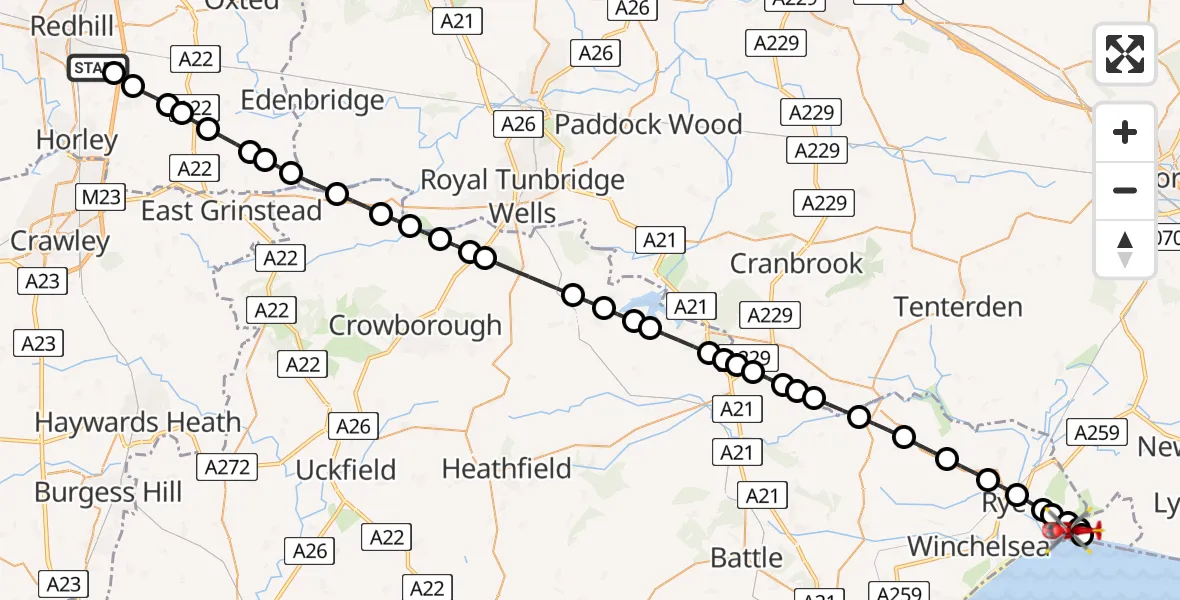 Flight path map showing Air Ambulance Helicopter route from Redhill Aerodrome to Camber