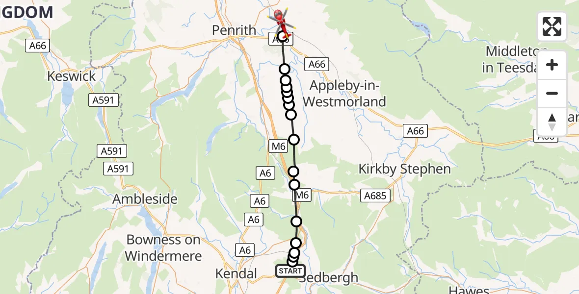 Flight path map showing Air Ambulance Helicopter route from Grayrigg to Culgaith