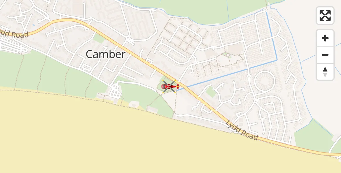 Flight path map showing Air Ambulance Helicopter route from Camber to Camber