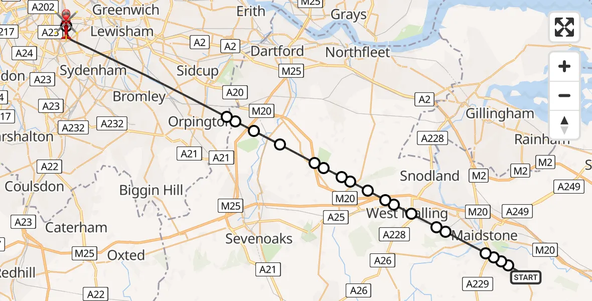 Flight path map showing Air Ambulance Helicopter route from Langley to Kings College London Hospital