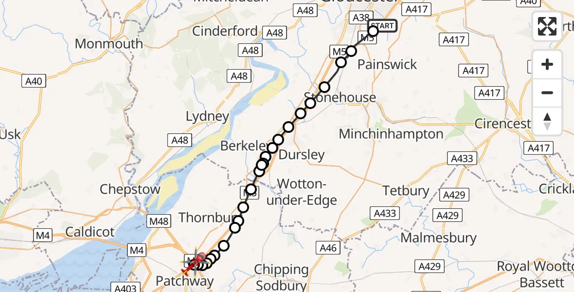 Flight path map showing Air Ambulance Helicopter route from Stroud to Almondsbury Helicopter Base