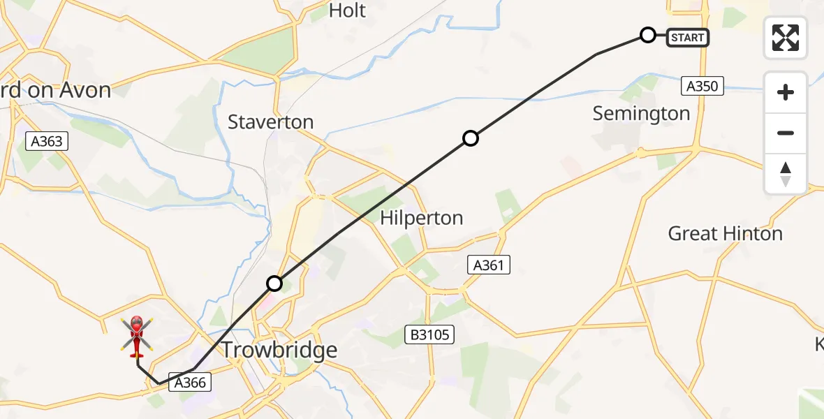 Flight path map showing Air Ambulance Helicopter route from Wiltshire Air Ambulance to Trowbridge
