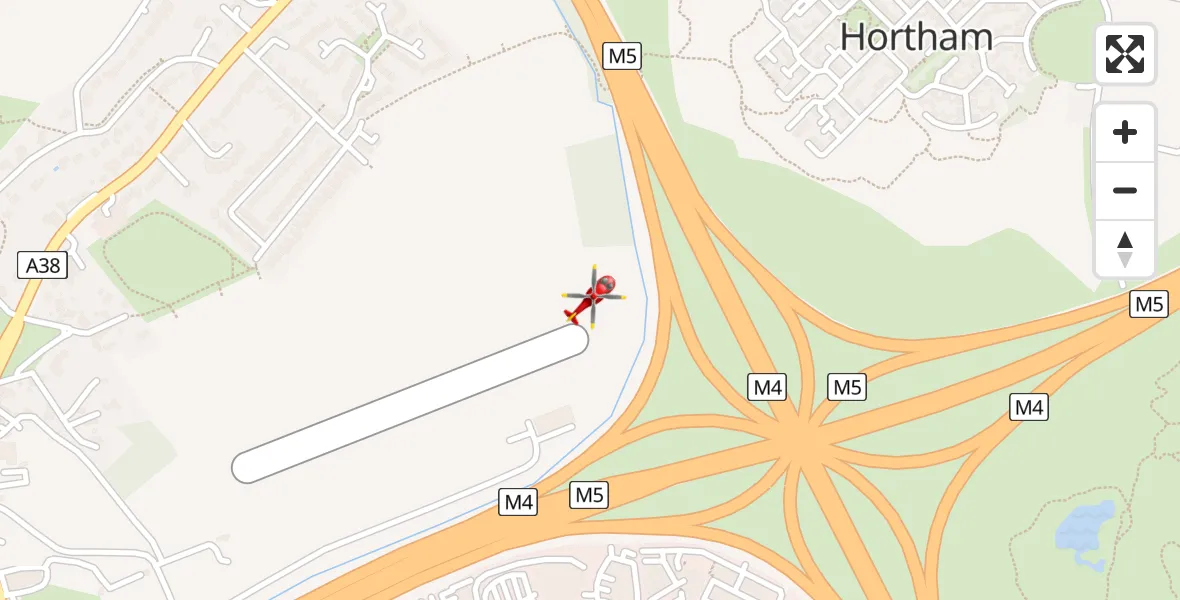 Flight path map showing Air Ambulance Helicopter route from Almondsbury Helicopter Base to Almondsbury Helicopter Base