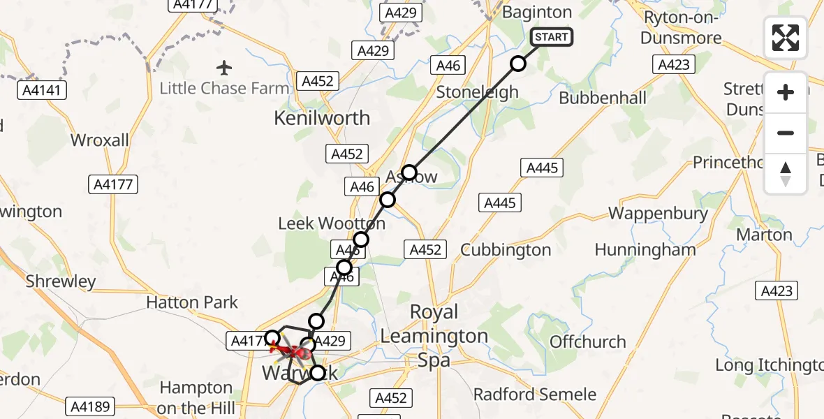 Flight path map showing Air Ambulance Helicopter route from Coventry Airport to Warwick