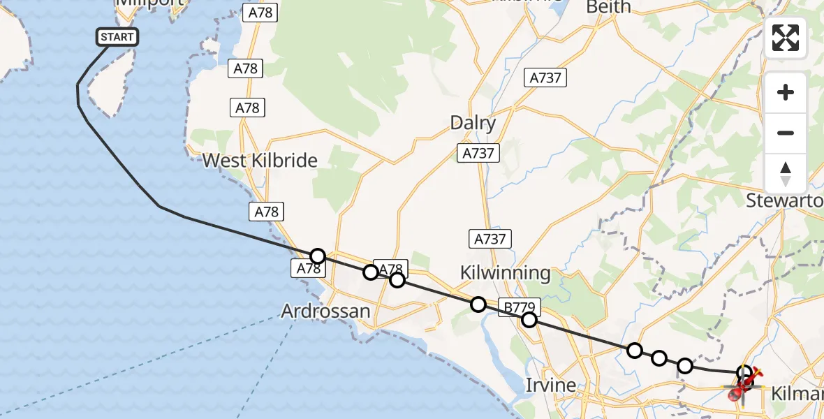 Flight path map showing Air Ambulance Helicopter route from Inner Seas to Knockentiber