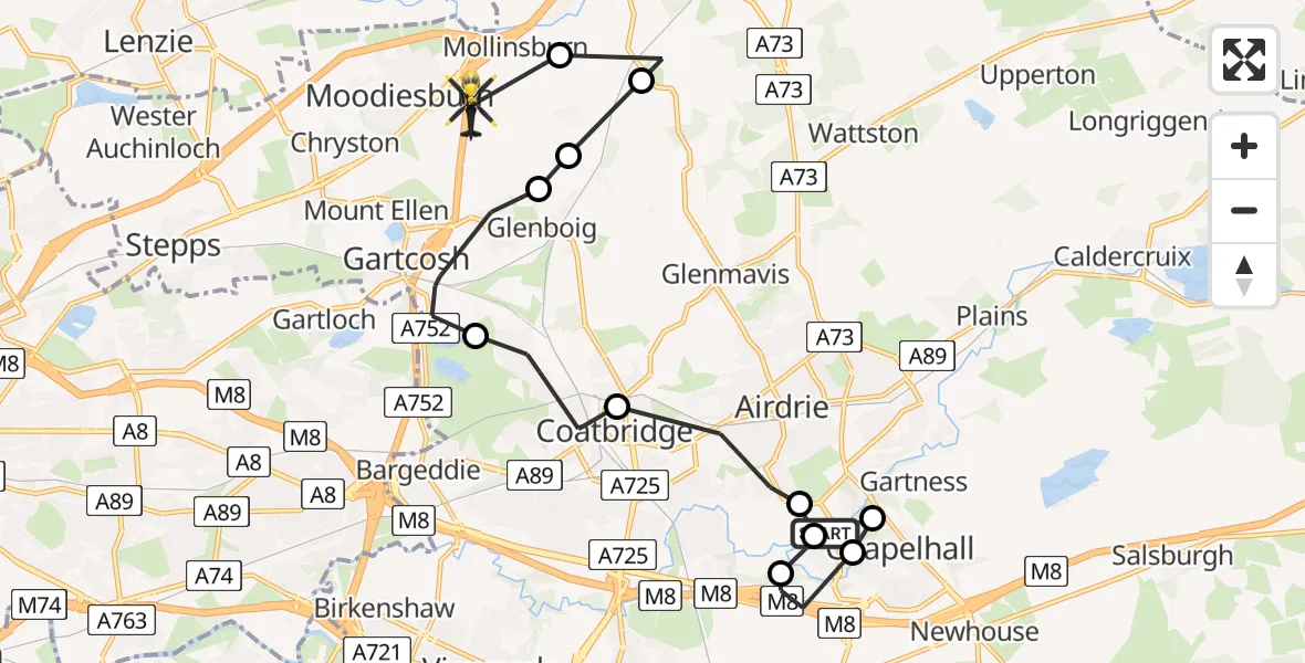 Flight path map showing Police Helicopter route from Calderbank to Moodiesburn