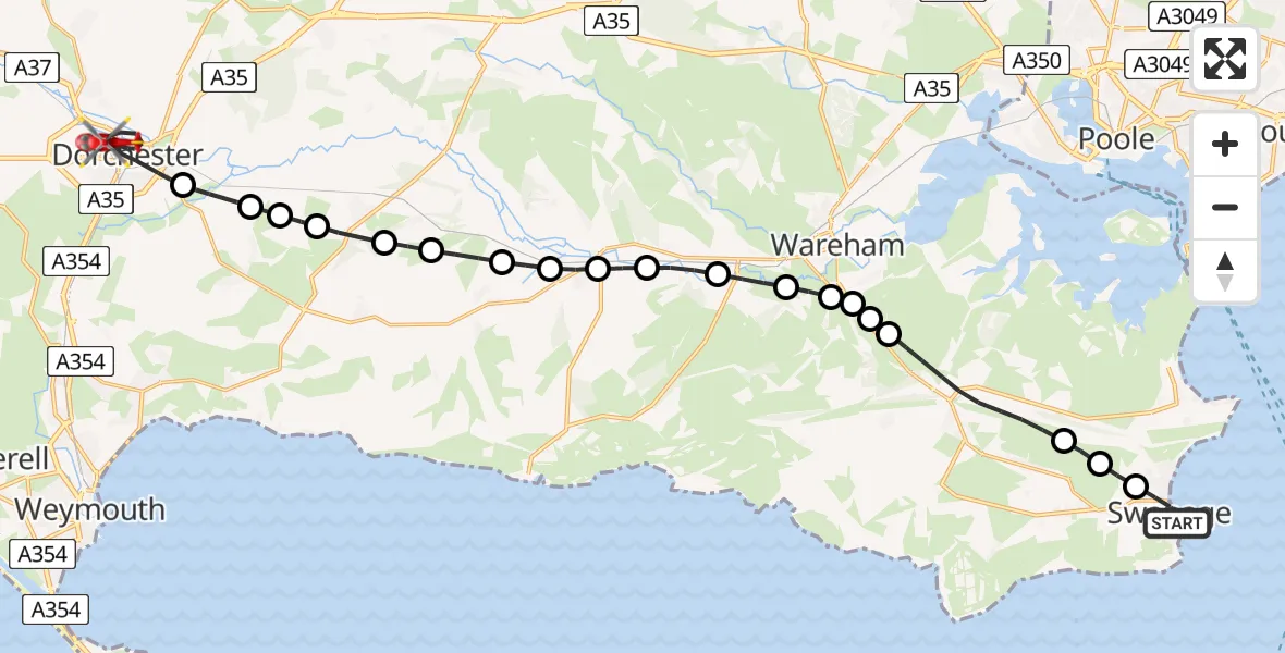 Flight path map showing Air Ambulance Helicopter route from Durlston to Dorchester