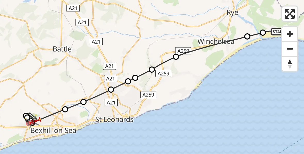 Flight path map showing Air Ambulance Helicopter route from Camber to Bexhill-on-Sea