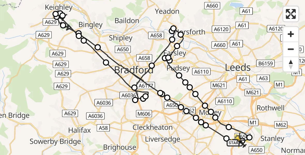 Flight path map showing Police Helicopter route from East Ardsley to East Ardsley