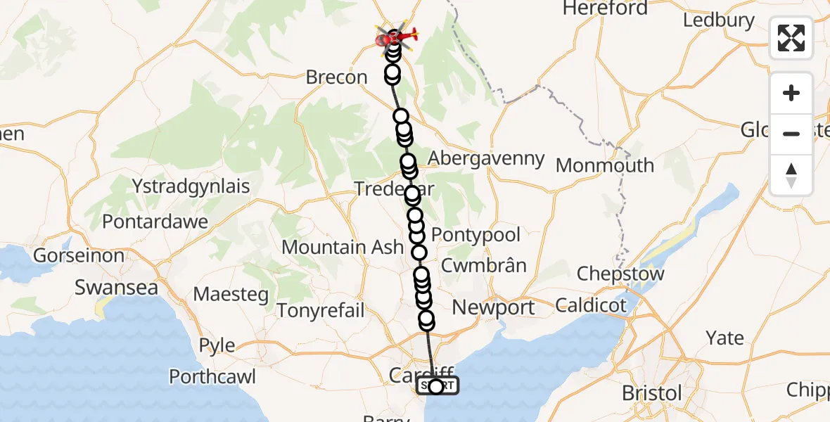 Flight path map showing Air Ambulance Helicopter route from Cardiff Heliport to Bronllys