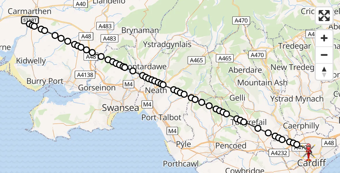 Routekaart van de vlucht: Air Ambulance Helicopter to Cardiff, Dame Shirley Bassey Way