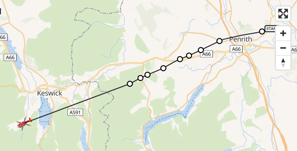Flight path map showing Air Ambulance Helicopter route from Edenhall to Cumberland