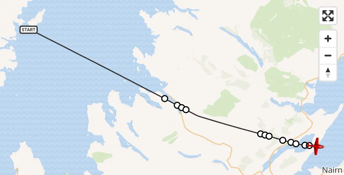 Flight path map showing Air Ambulance Aircraft route from Inner Seas to Cromarty