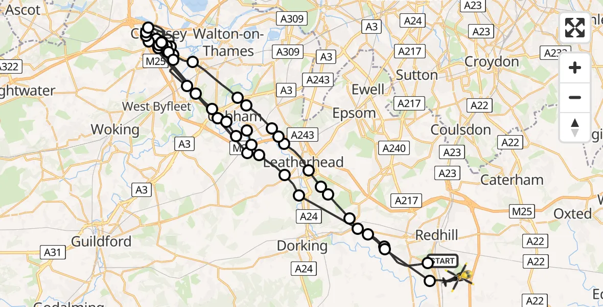 Flight path map showing Police Helicopter route from Redhill to Salfords