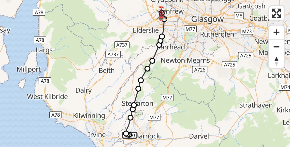 Flight path map showing Air Ambulance Helicopter route from Crosshouse University Hospital to Glasgow Airport