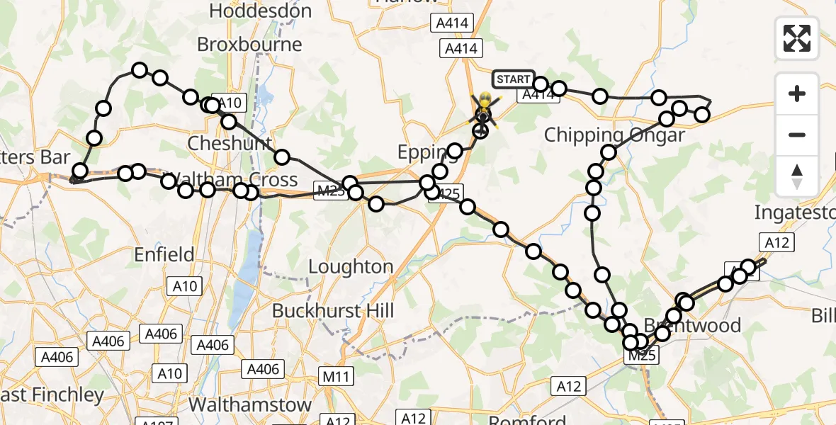 Flight path map showing Police Helicopter route from North Weald Bassett to North Weald Airfield