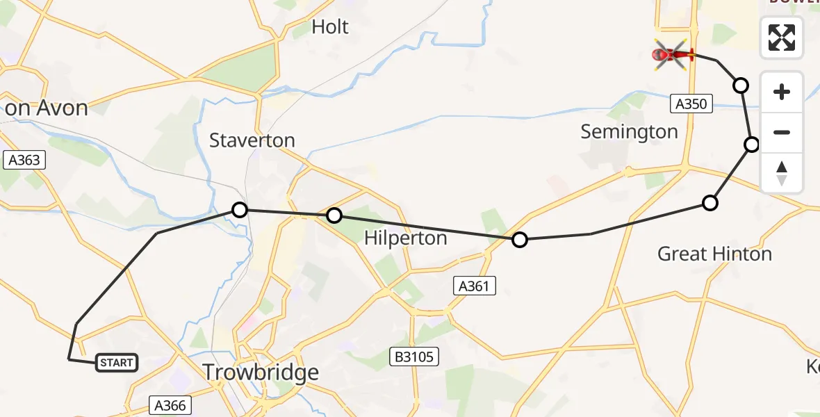 Flight path map showing Air Ambulance Helicopter route from Trowbridge to Wiltshire Air Ambulance