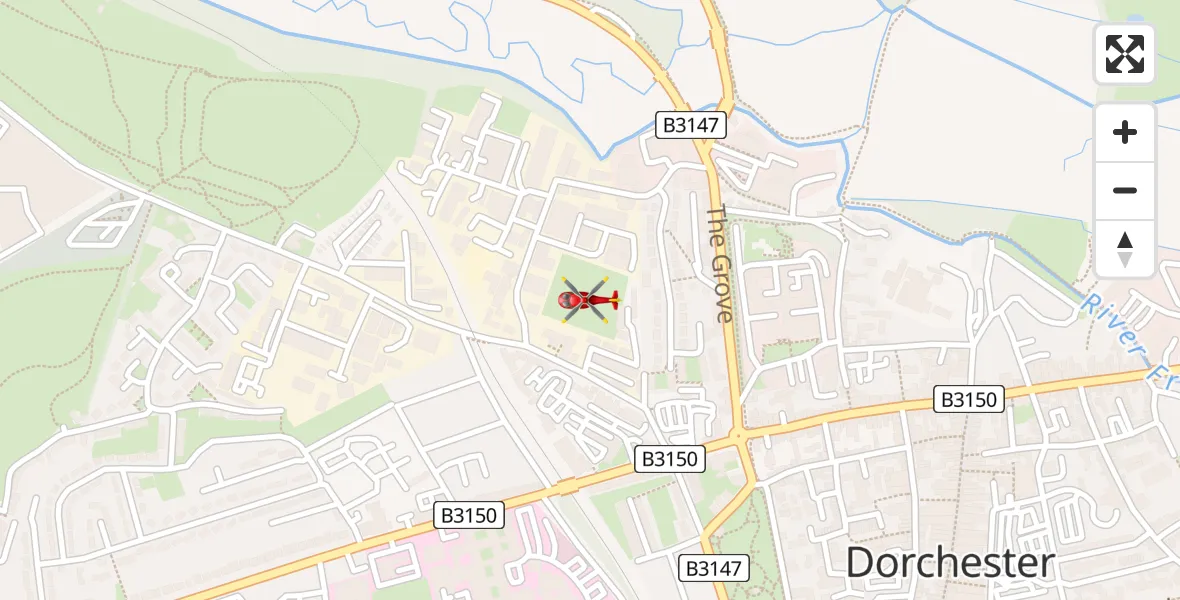 Flight path map showing Air Ambulance Helicopter route from Dorchester Hospital to Dorchester Hospital