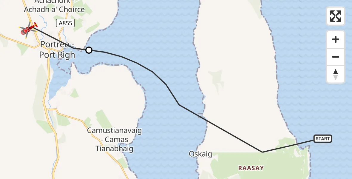Flight path map showing Air Ambulance Helicopter route from Inner Seas to Portree - Port Rìgh
