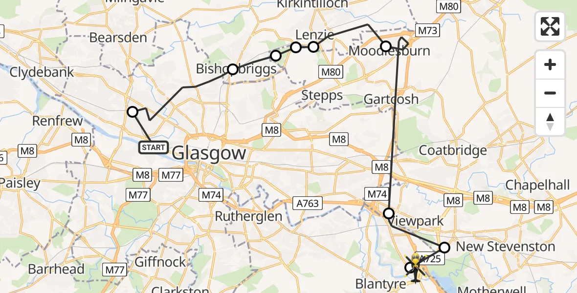 Flight path map showing Police Helicopter route from Glasgow City Heliport to Bothwell