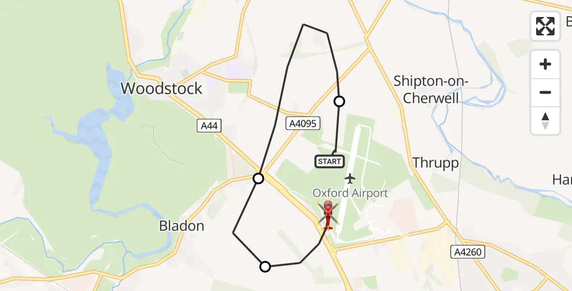 Flight path map showing Air Ambulance Helicopter route from London Oxford Airport to London Oxford Airport