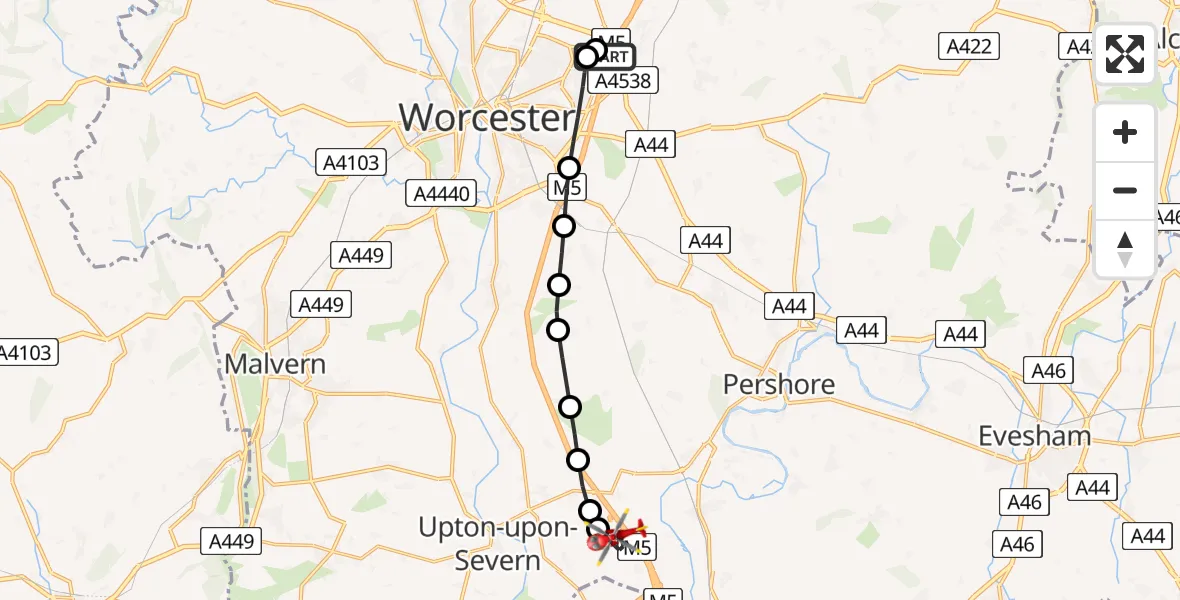 Flight path map showing Air Ambulance Helicopter route from Worcester to Upper Strensham