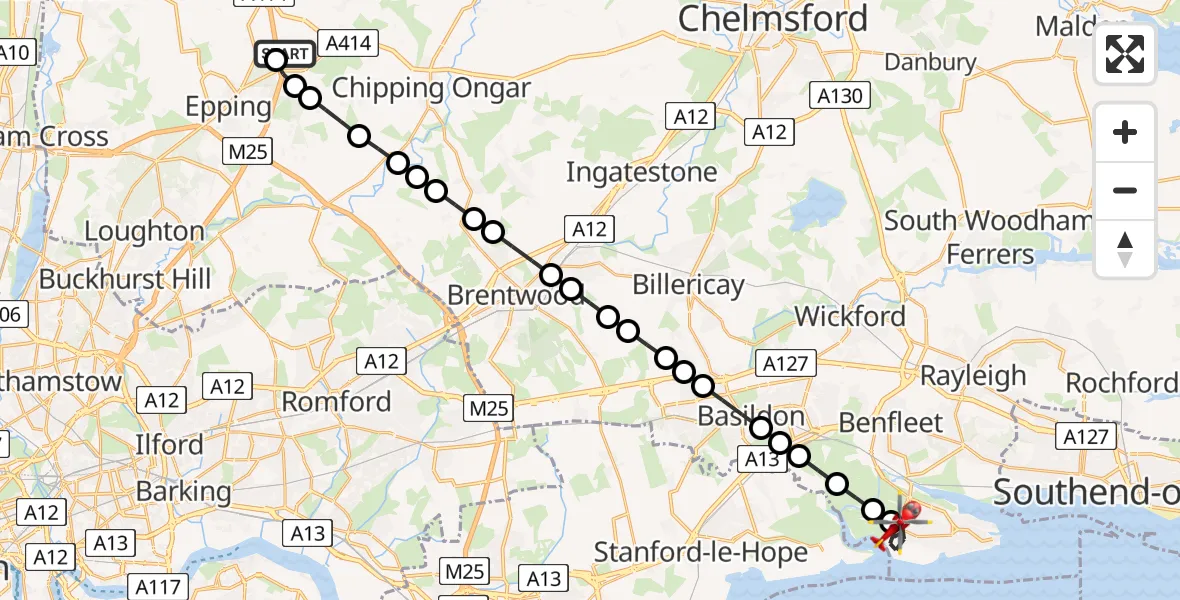 Flight path map showing Air Ambulance Helicopter route from North Weald Airfield to Winter Gardens