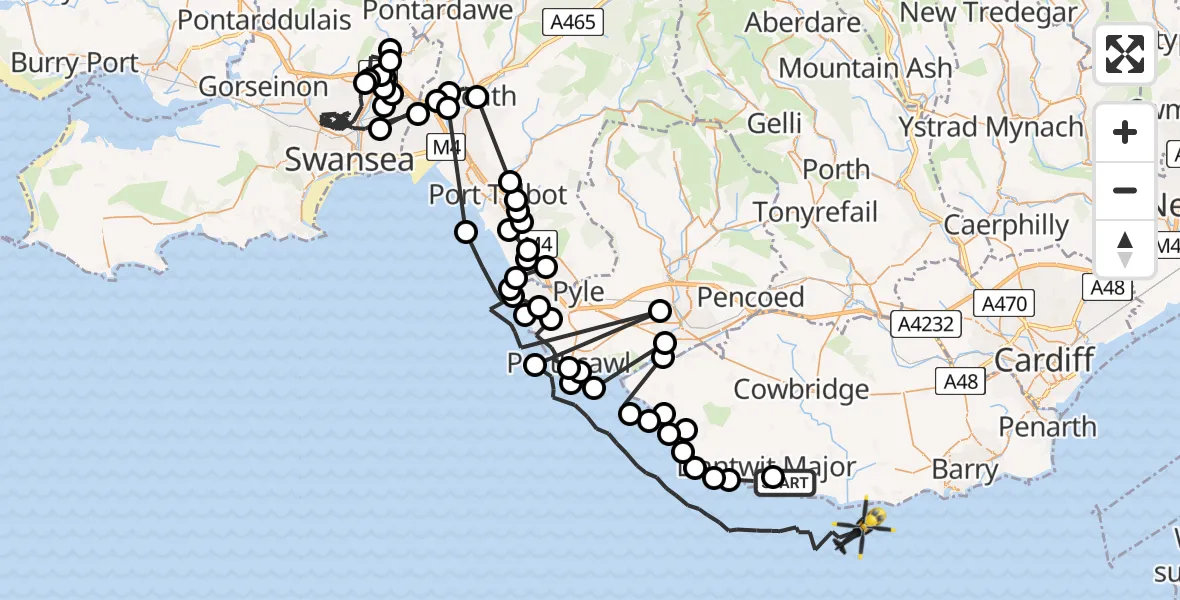Flight path map showing Police Helicopter route from Boverton to Bristol Channel