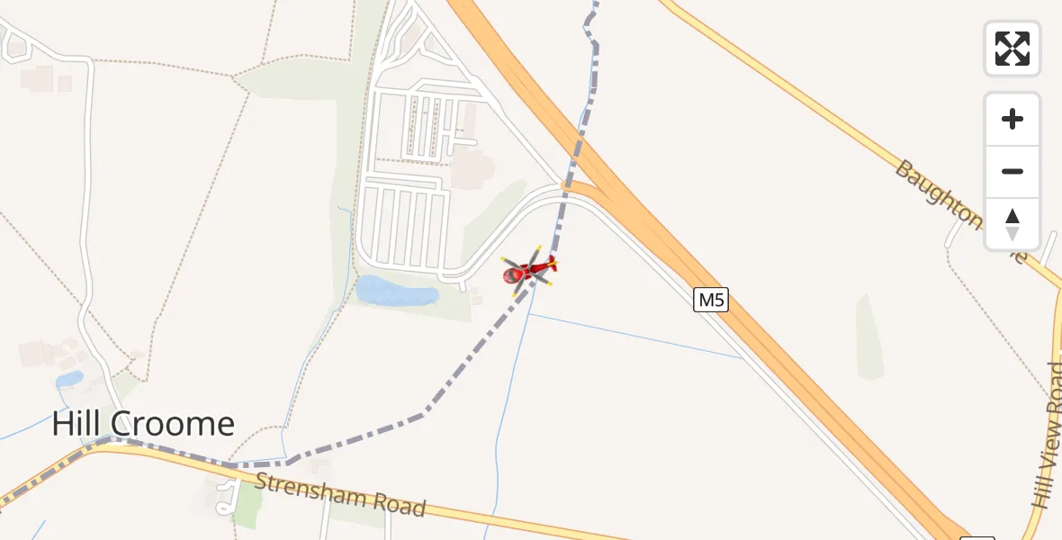 Flight path map showing Air Ambulance Helicopter route from Hill Croome to Hill Croome